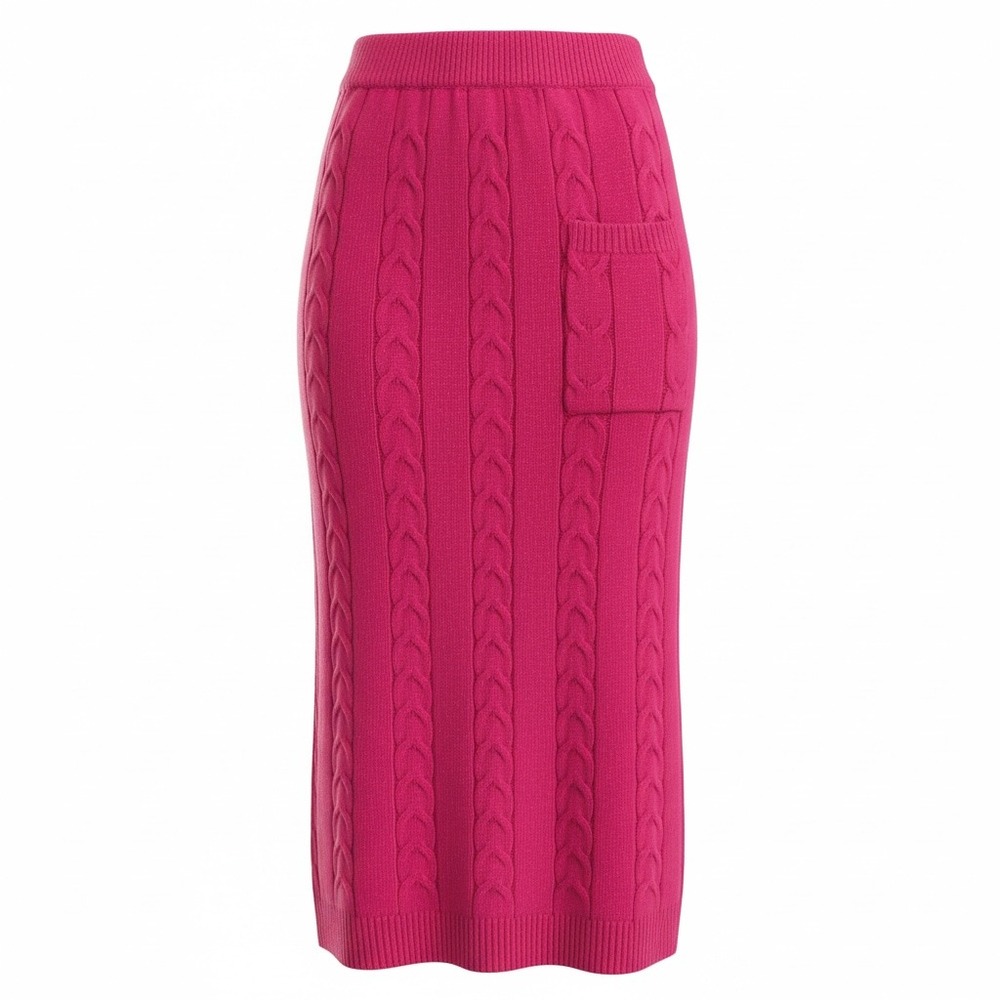 Pink Cable Knit Midi Sweater Skirt M Elastic Waist Ribbed‎ Pencil